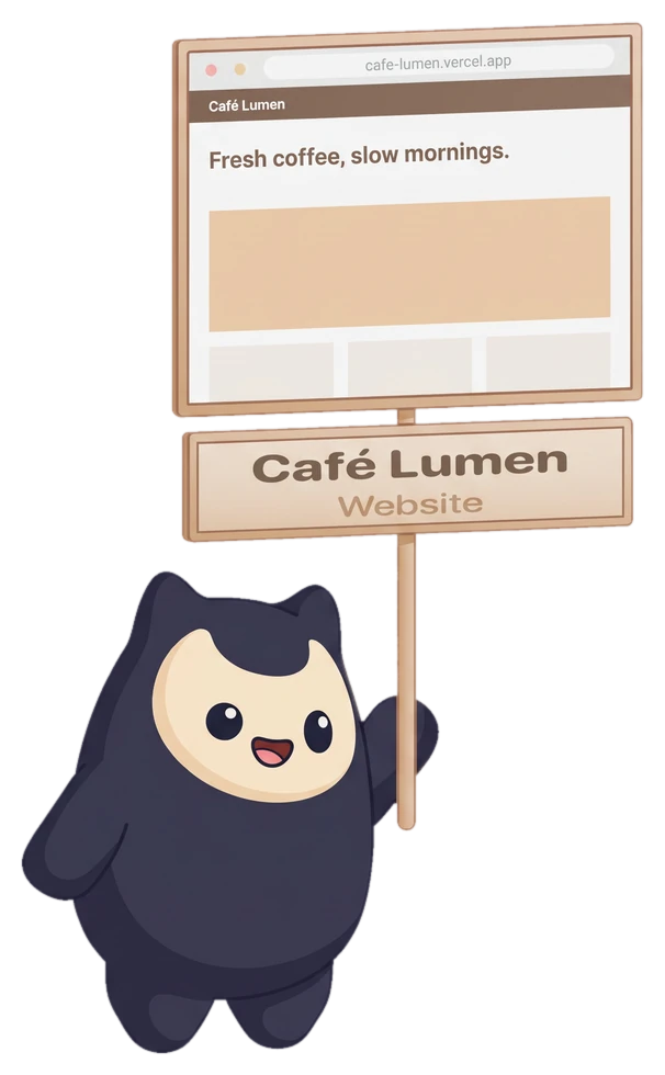 Nook holding up a sign with a café website