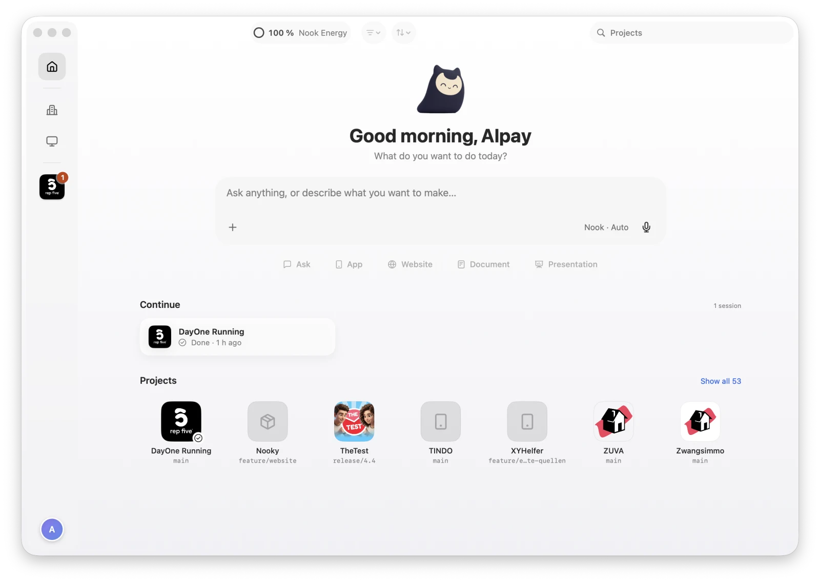 Nooky's Home: Nook, one field to ask or start something new, the session to continue and your projects