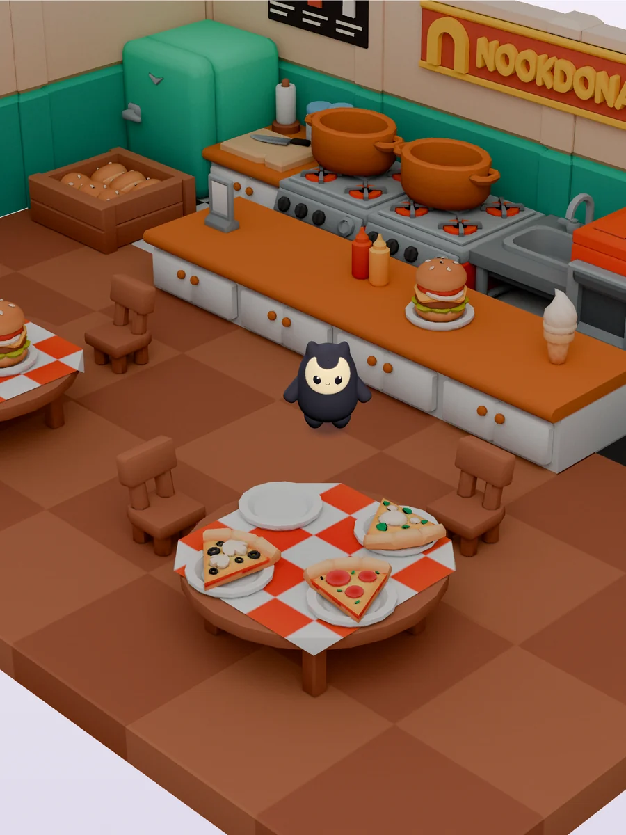 Nook inside Nookdonalds, next to a table with pizza